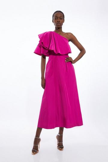 Petite Taffeta One Shoulder Ruffle Midi Dress hot pink